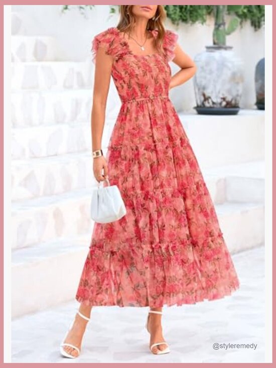 Tulle Midi Dress Sleeveless Smocked Ruffle Flowy Mesh Sundress - Picture 3 of 7